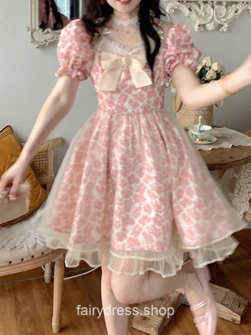 Kawaii Bow Floral Lace Lolita French Mini Dress 3