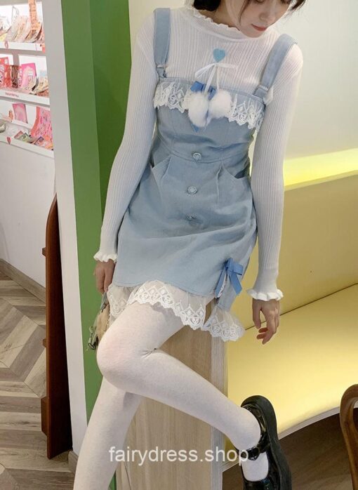 Fairycore Lolita Kawaii Split Bow Designer Lace Sweet Mini Dress 10