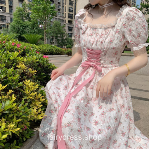 Charming Floral Princess Fairy Sweet Puff Sleeve Dress 3