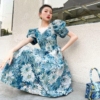 French Vintage Print A-line Puff Sleeve Fairycore Retro Dress 2