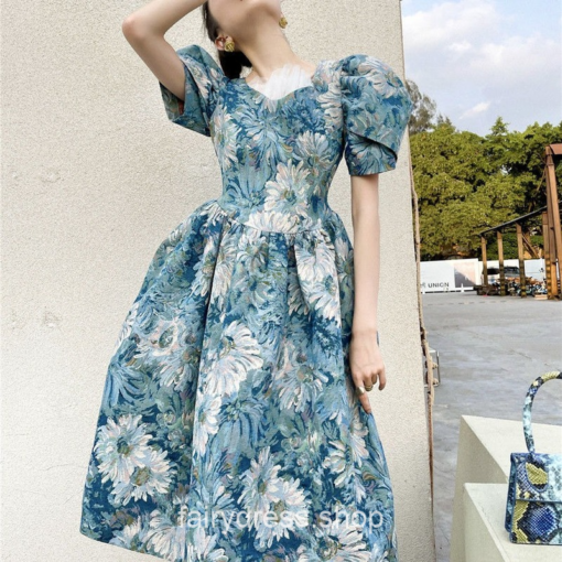 French Vintage Print A-line Puff Sleeve Fairycore Retro Dress 3