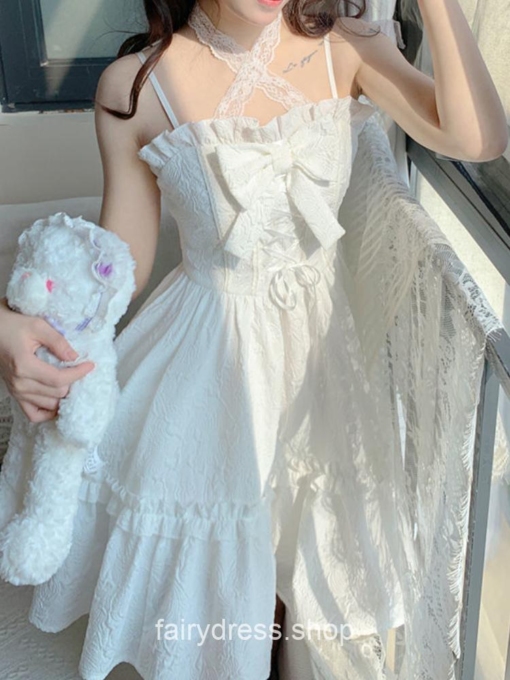 Amiable White Strap Kawaii Designer Bow Chic Dress 3