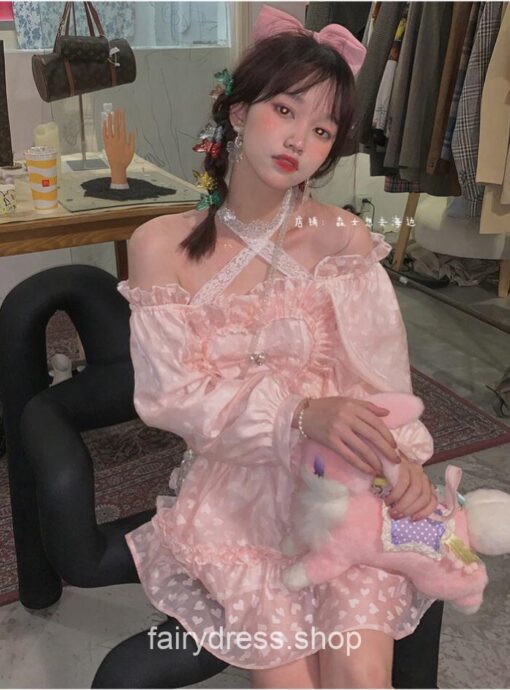 Gentle Fairycore Lolita Japanese Fairy Party Lace Heart Mini Dress 5