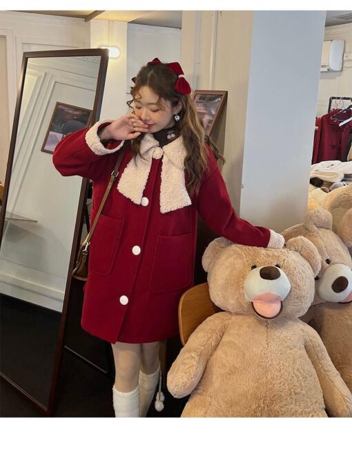 Fairycore Princess Winter Red Kawaii Wool Patchwork Warm Outwear Coat 7
