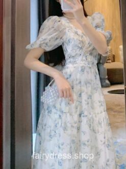 Fairycore Kindhearted French Retro Floral High Waist V-Neck Midi Dress 1