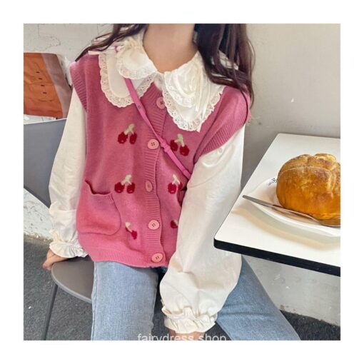 Adorable Fairycore Autumn Knitted Cherry Kawaii Sweater Cardigan 9