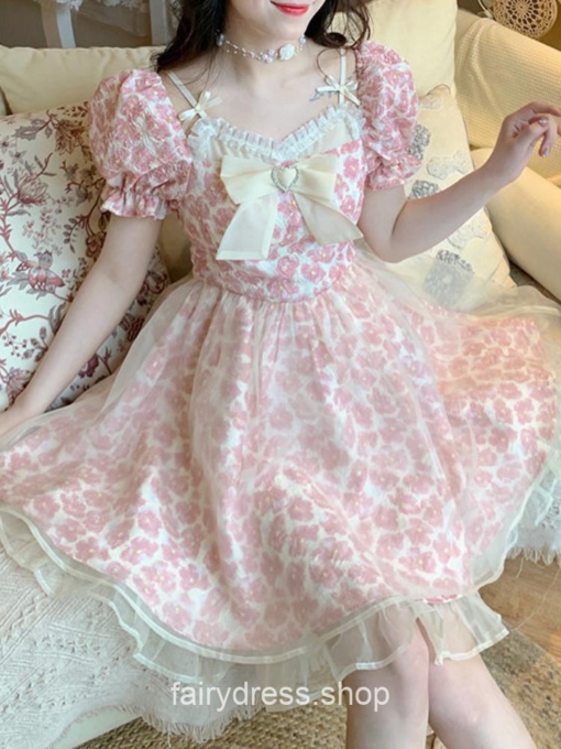 Kawaii Bow Floral Lace Lolita French Mini Dress 1