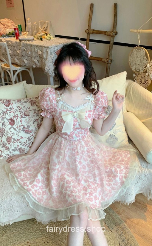 Kawaii Bow Floral Lace Lolita French Mini Dress 13