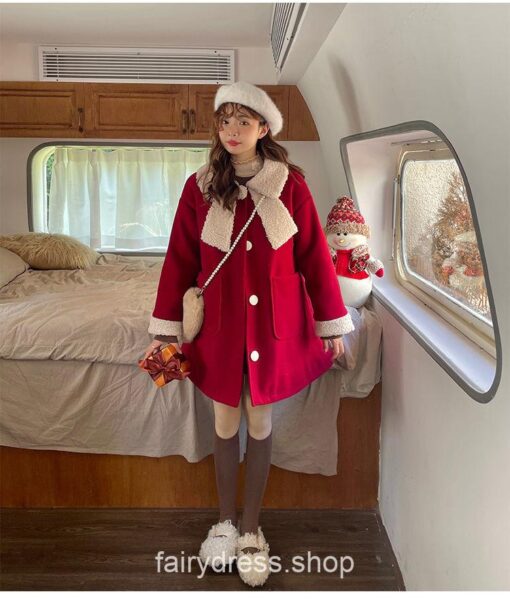 Fairycore Princess Winter Red Kawaii Wool Patchwork Warm Outwear Coat 5