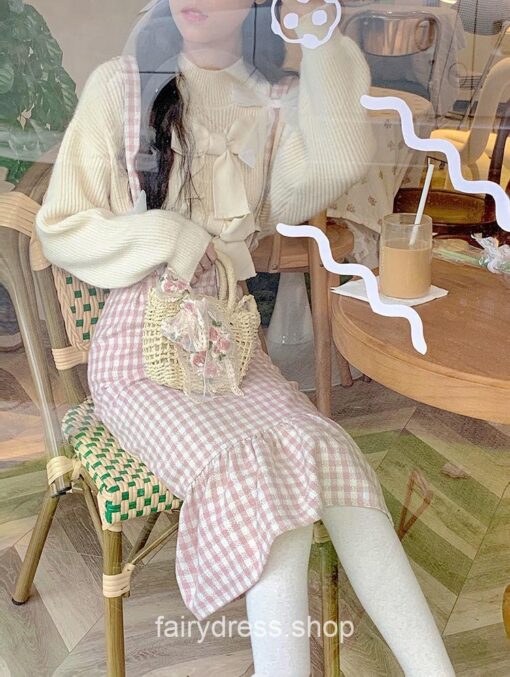 Adorable Japanese Sweet Bow Designer Plaid Strap Fairycore Dress 4