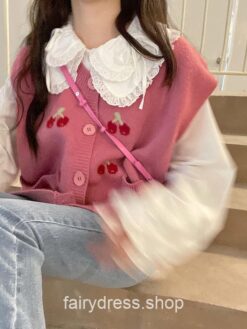 Adorable Fairycore Autumn Knitted Cherry Kawaii Sweater Cardigan 4