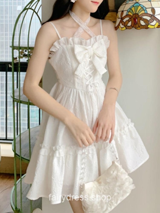 Amiable White Strap Kawaii Designer Bow Chic Dress 2