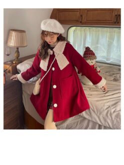 Fairycore Princess Winter Red Kawaii Wool Patchwork Warm Outwear Coat 3