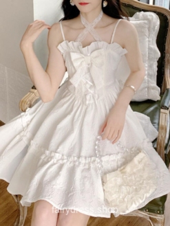 Amiable White Strap Kawaii Designer Bow Chic Dress 1