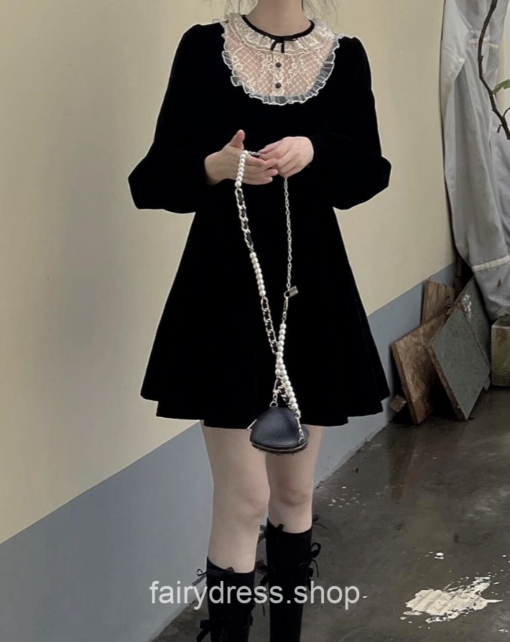Retro Black Gothic Lace Patchwork Fairycore Mini Dress 1
