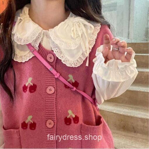 Adorable Fairycore Autumn Knitted Cherry Kawaii Sweater Cardigan 6