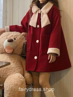 Fairycore Princess Winter Red Kawaii Wool Patchwork Warm Outwear Coat 1