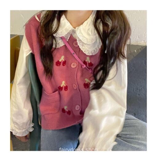 Adorable Fairycore Autumn Knitted Cherry Kawaii Sweater Cardigan 7