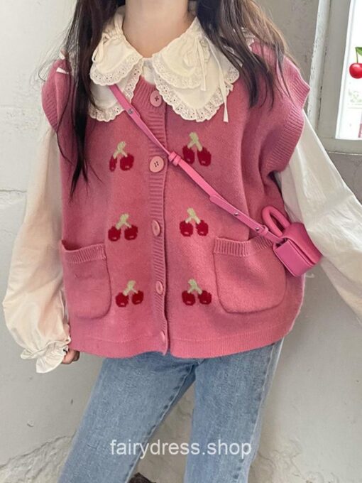 Adorable Fairycore Autumn Knitted Cherry Kawaii Sweater Cardigan 5