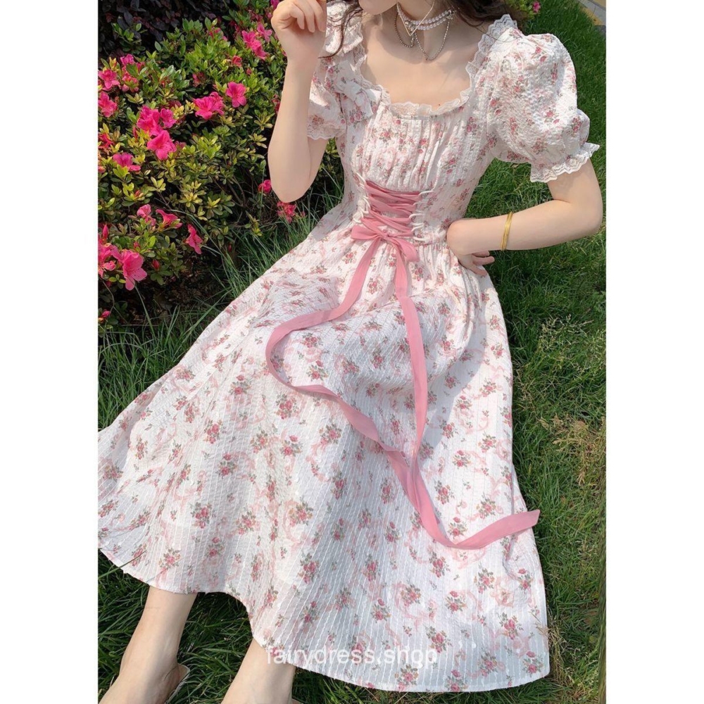 Elegant Floral Princess Lovely Puff Sleeve Fairy Dress