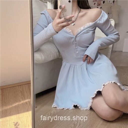 Gentle Knitted Fairycore Lace Patchwork Party Mini Dress 3