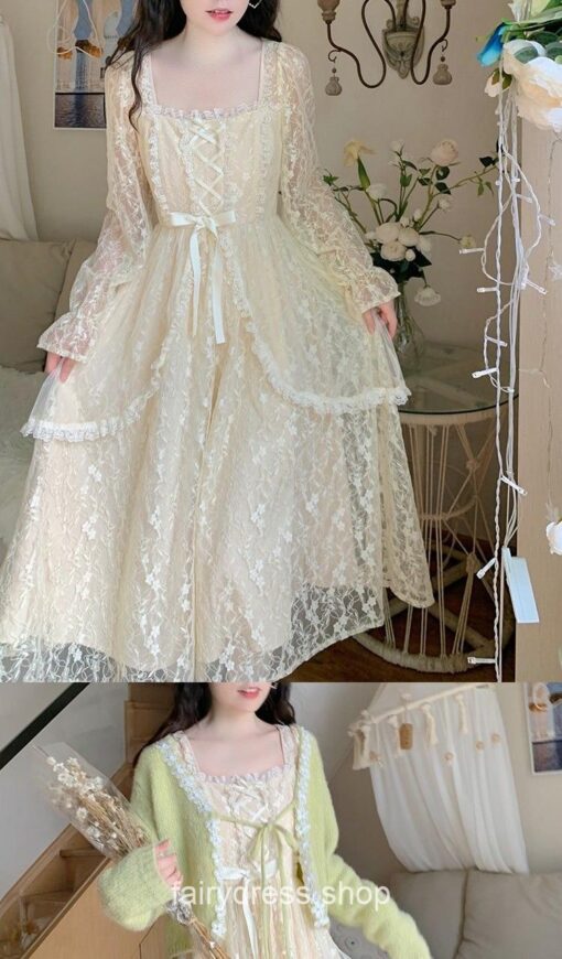 Softie Winter VIntage Lace Patchwork Princess One Piece Fairycore Dress 3