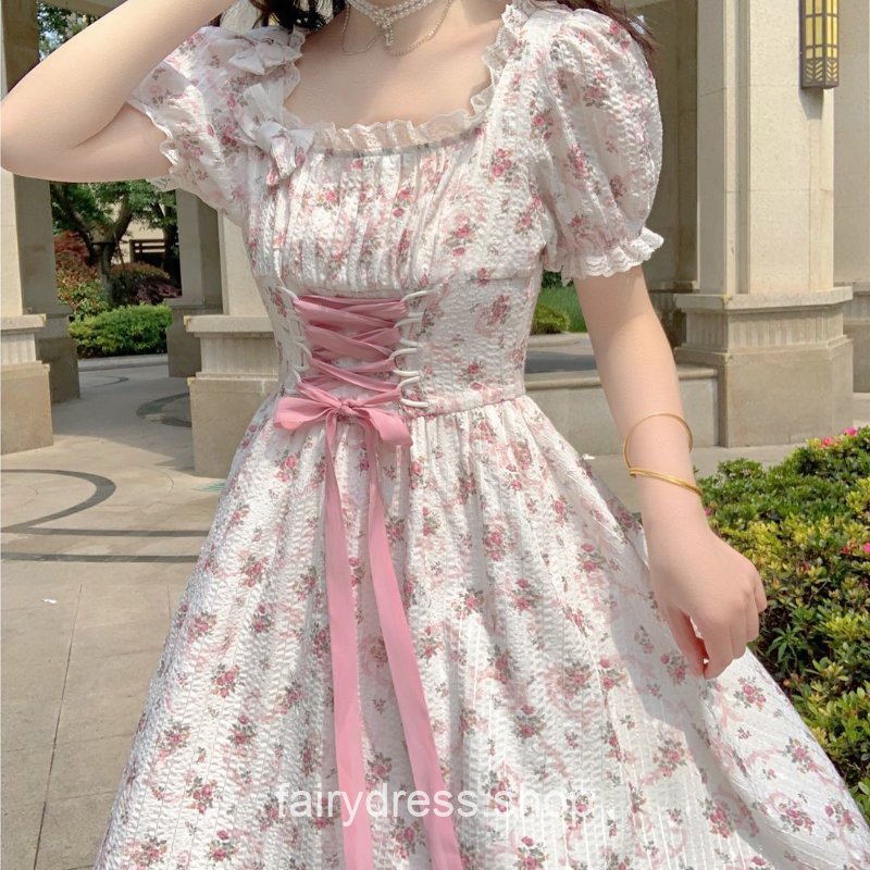 Elegant Floral Princess Lovely Puff Sleeve Fairy Dress