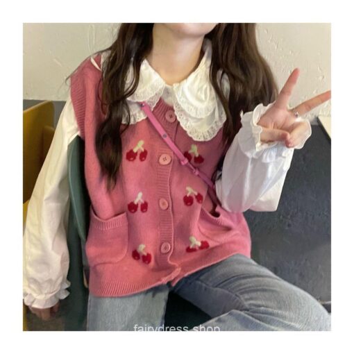 Adorable Fairycore Autumn Knitted Cherry Kawaii Sweater Cardigan 11