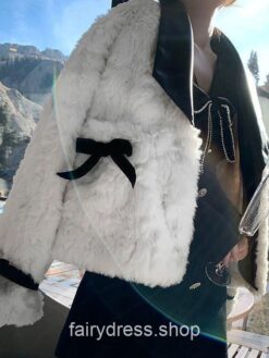 Winter Warm Faux Fur Bow Designer Wool Fairycore Short Coat 1