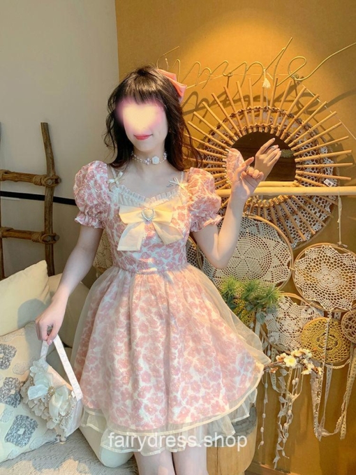 Kawaii Bow Floral Lace Lolita French Mini Dress 7