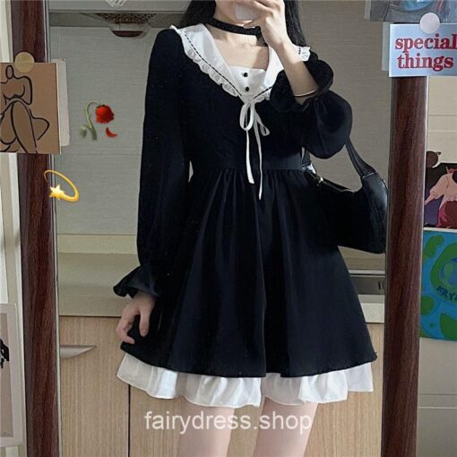 Gentle Fairycore Black Lolita Patchwork Mini Dress 7