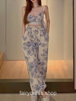 Fairycore Sexy Y2k Floral Two Piece Mini Top Long Wide Leg Top and Pant Set 2