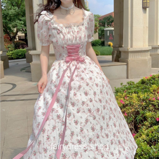 Charming Floral Princess Fairy Sweet Puff Sleeve Dress 5