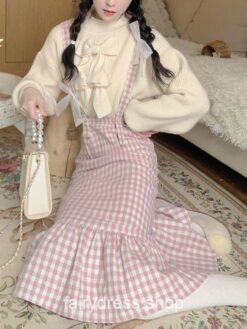 Adorable Japanese Sweet Bow Designer Plaid Strap Fairycore Dress 1