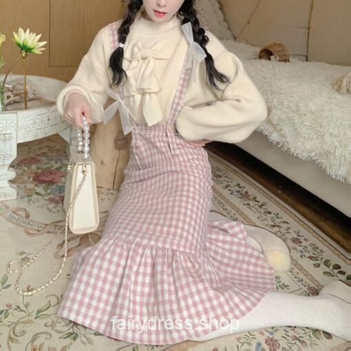 Adorable Japanese Sweet Bow Designer Plaid Strap Fairycore Dress 1