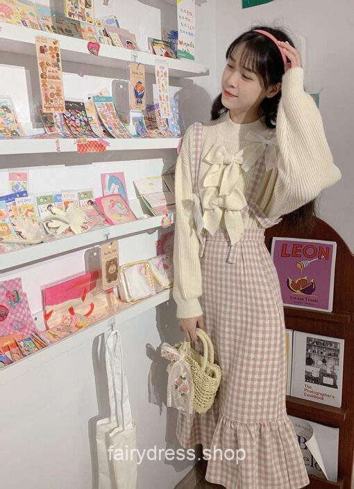 Adorable Japanese Sweet Bow Designer Plaid Strap Fairycore Dress 9