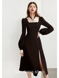 Black Retro Split Long Sleeve Hepburn Style Dress
