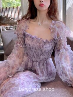 Blossom Lace Floral Puff Sleeve Fairycore Midi Dress