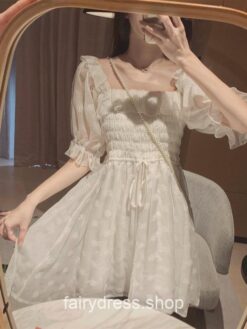 Chic French Summer Puff Sleeve Lace Chiffon Dress