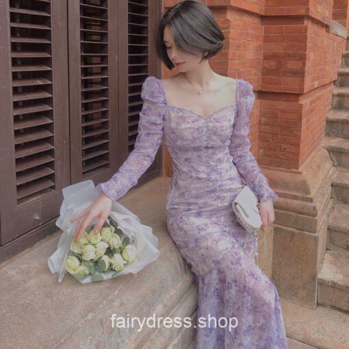Cozy Summer Chiffon Print Floral Fairycore Long Dress