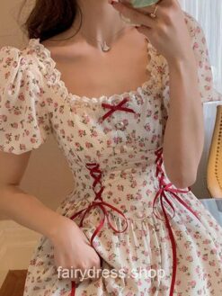 Floral Polka Dot Lace Up Short Sleeve Fairy Dress