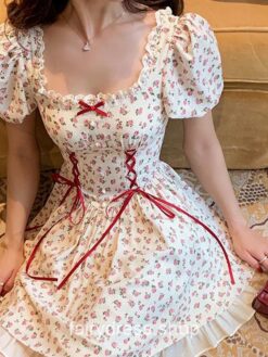 Floral Polka Dot Lace Up Short Sleeve Fairy Dress