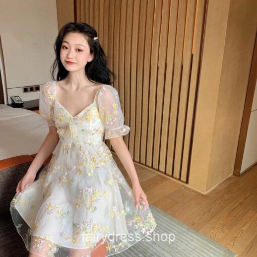 Floral Puff Sleeve Lace Chiffon Off Shoulder Mini Dress