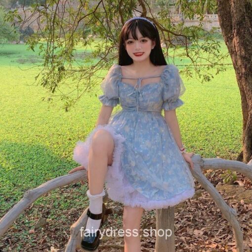 Lace-up Princess Sequin Puff Sleeve Dress